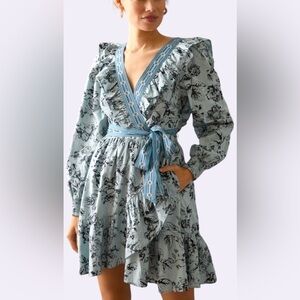 Anthropologie Ruffle Wrap Mini Blue Floral Long Sleeve Dress Size M